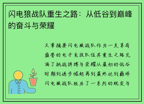 闪电狼战队重生之路：从低谷到巅峰的奋斗与荣耀