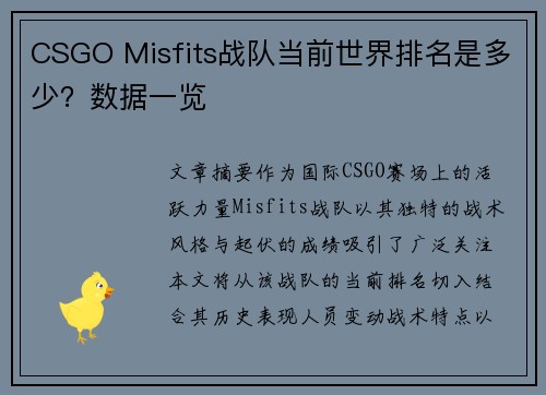 CSGO Misfits战队当前世界排名是多少？数据一览